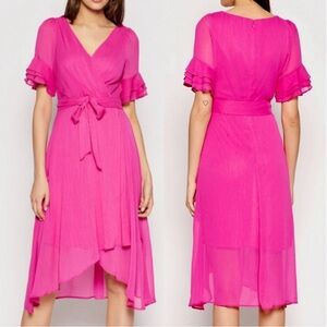 DKNY Pink Chiffon Barbiecore Wrap Dress Ruffle Sleeve Feminine Vibrant Size 2